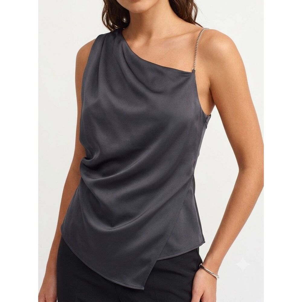NWT Love Bonito Charcoal Satin Asymmetric Cowl Neck Top Size S Small